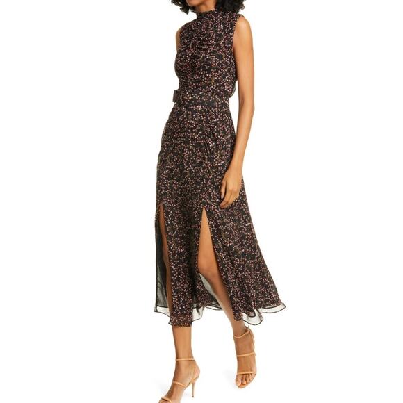 Nicholas Floral Print Silk Midi Dress Womens 4 Black Sleeveless Splits Cocktail - Picture 1 of 12